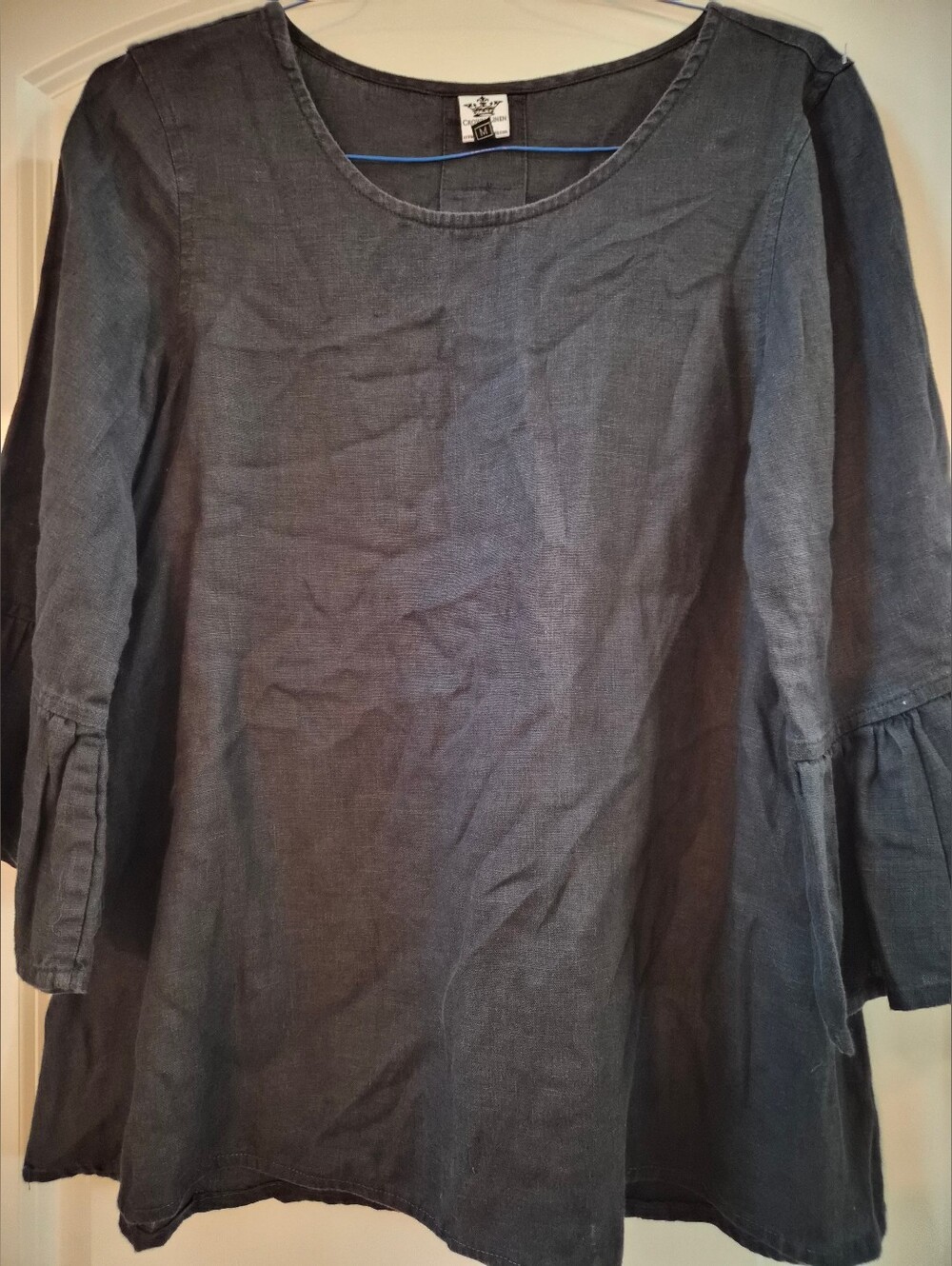 Crown Linen Designs Black 100% Linen Bella Bell Sleeve Tunic Top Blouse Size M